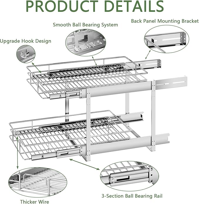 2 Tier Individual Pull Out Cabinet Organizer 13½" W x 18" D, Heavy Duty Cabinet - Image 7