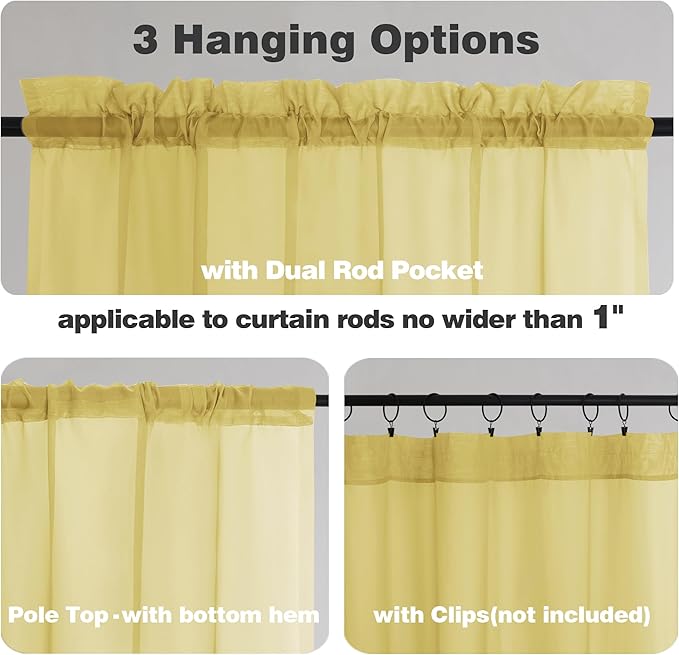 Chyhomenyc Yellow Sheer Curtains 54 Inch Long 2 Panels, Light Filtering Rod - Image 3