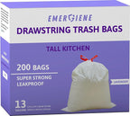 13 Gallon Drawstring Trash Bags, Lavender Scented 200 Count Tall Kichen Garbage by Emergiene