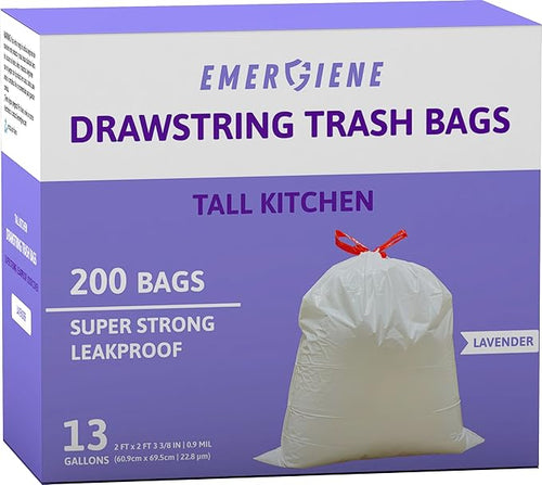 13 Gallon Drawstring Trash Bags, Lavender Scented 200 Count Tall Kichen Garbage by Emergiene