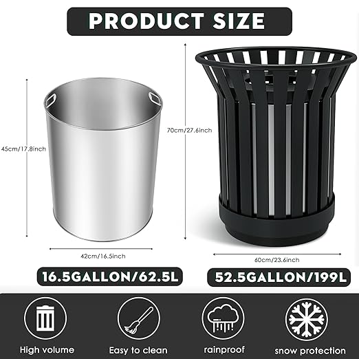 16Gallon/62L Commercial Outdoor & Indoor Metal Trash Can, Outdoor Slatted Trash - Image 6