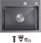 25x18x9 Inch Drop in Kitchen Sink, Handmade 304 Black Stainless Steel Single by OUGOO