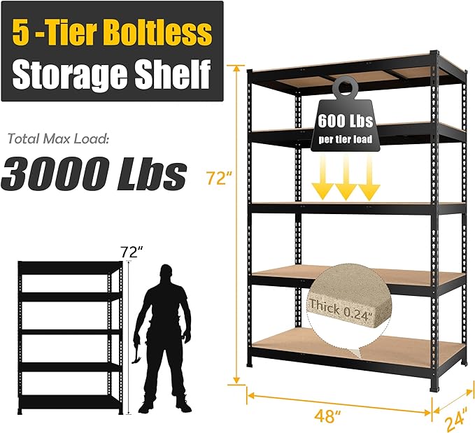 PrimeZone 48" x 24" x 72" Heavy Duty Storage Shelves, 5 Tier Adjustable Garage - Image 3