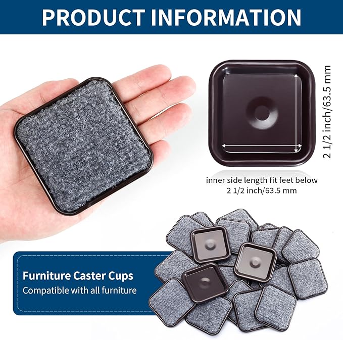 Ezprotekt 2 1/2" Square Reusable Felt Furniture Caster Cups - Image 2