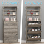 Shoe Cabinet with 3 Flip Drawers & Coat Rack, Narrow Hidden Shoe Storage Cabinet - Image 5