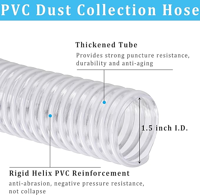 Dust Collection Hose 1-1/2 in × 10 ft Heavy Duty Clear Flexible PVC Reinforced - Image 2