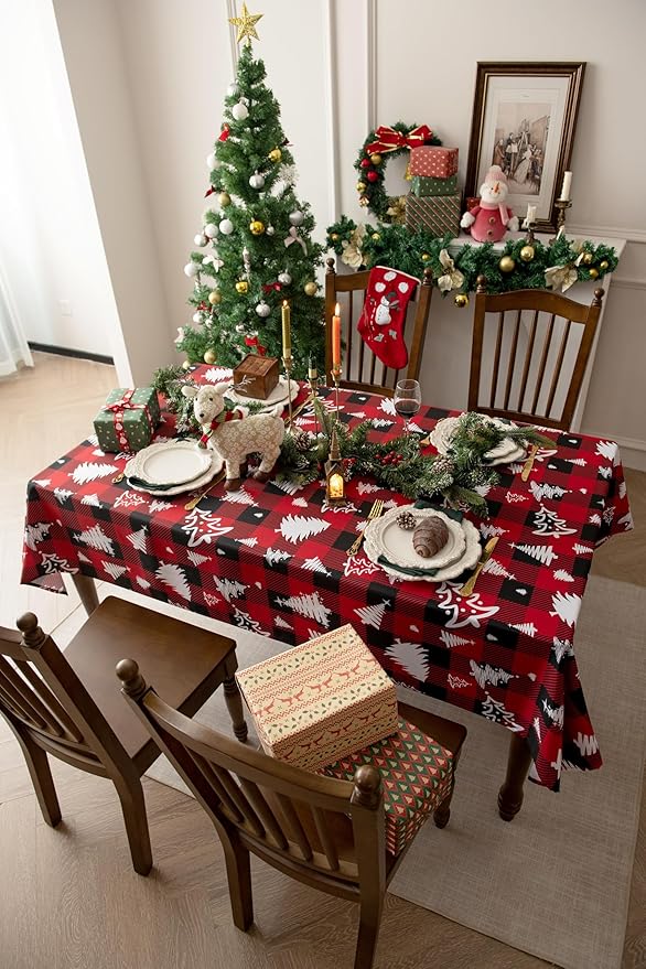 Red Gingham Plaid Christmas Tree Tablecloth - Image 2