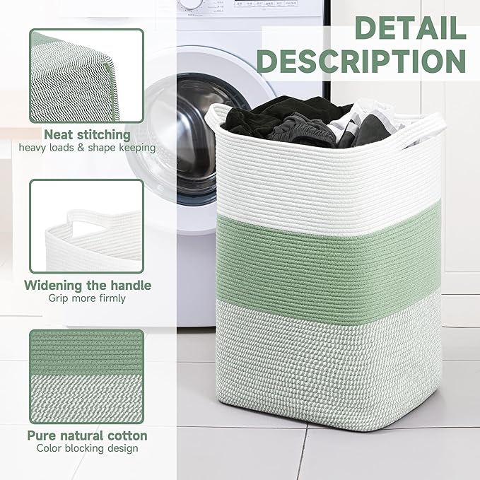 CLHMILY&Z 95L Laundry Basket Rectangular Green Rope - Image 6