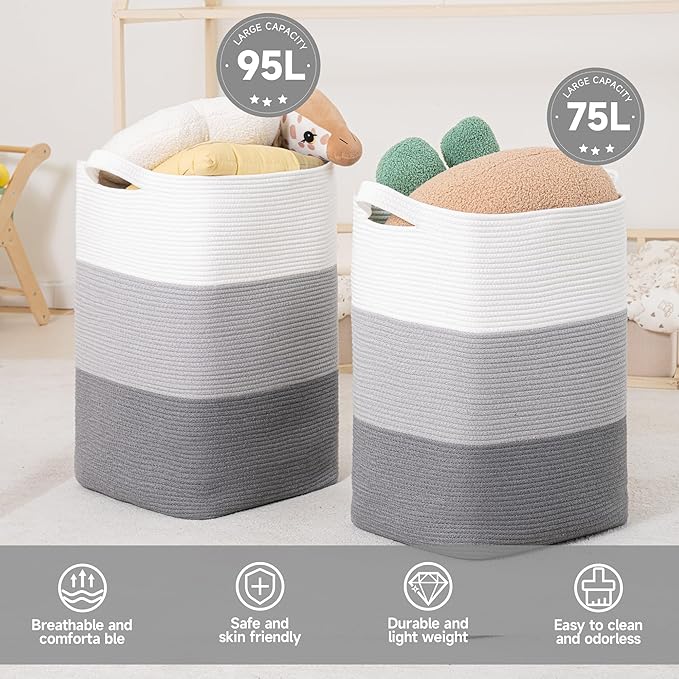 CLHMILY&Z 95L Laundry Basket Rectangular Grey Rope - Image 5