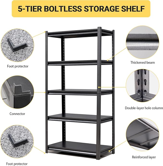 Heavy Duty Garage Shelving, Metal Storage Shelves, Adjustable 5 Tier Metal - Image 5