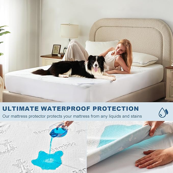 Waterproof King Size Mattress Protector, Mattress Pad Fitted 6"-18" Deep Pocket - Image 2