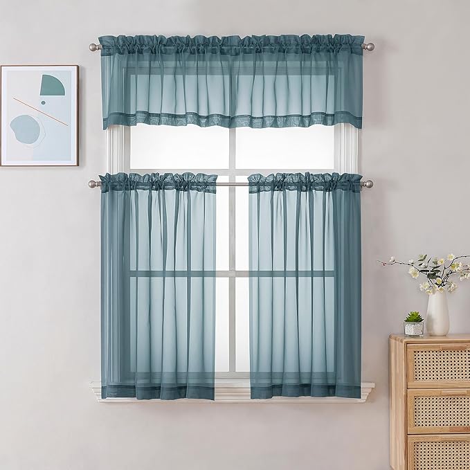 Chyhomenyc Stone Blue Sheer Curtains 30 inch Length 2 Panels, Light Filtering - Image 2