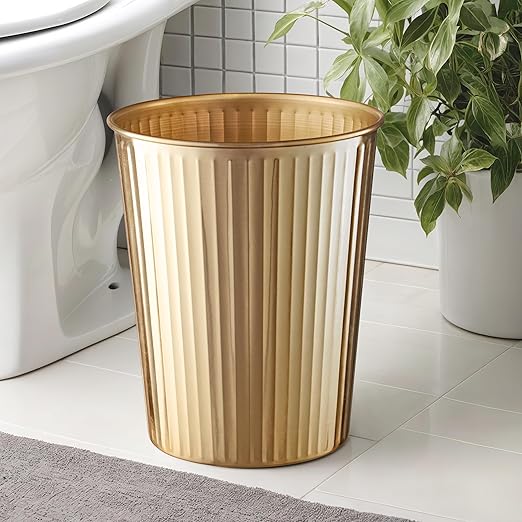 Monarch Abode Brushed Gold Handcrafted Ridge Embossed Metal Wastebasket - Image 2