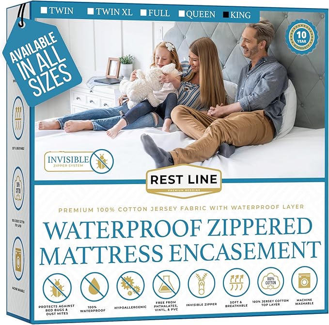 King Size 78x80” Premium Waterproof Zippered Mattress Encasement, 100% Cotton by RestLine