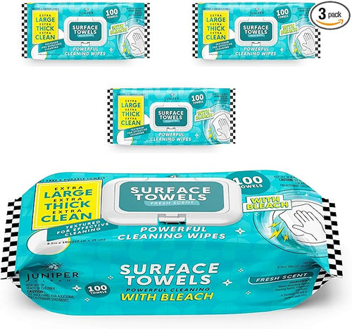 3 Packs Surface Wipes with Bleach, Thick & Large Dispose, All-Purpose Cleaner by JuniperCLEAN