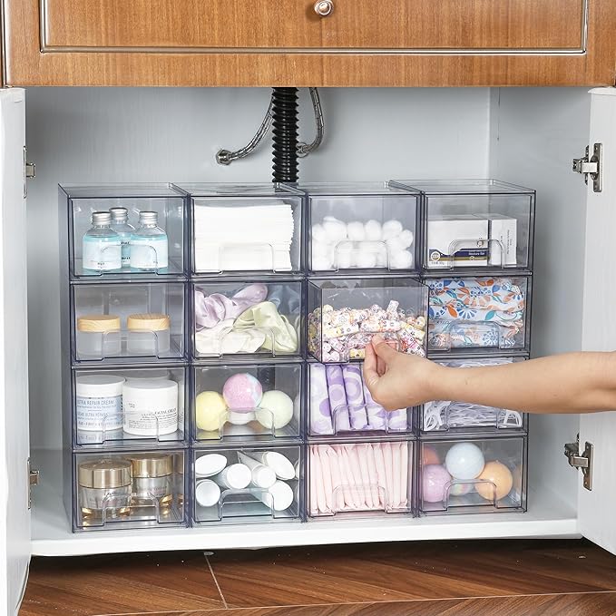 Vtopmart 12 Pack Clear Small Stackable Storage Drawers, Acrylic Bathroom Makeup - Image 6