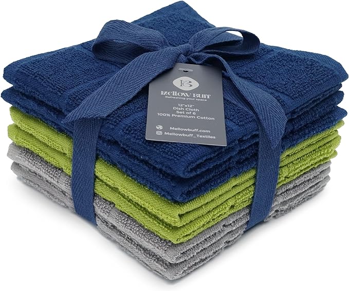 100% Cotton Terry Dish Cloth & Dish Towel, 6 Pack, Super Soft and Absorbent by Ecotribe