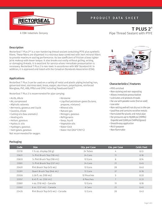Rectorseal 23391 Quart Brush Top T Plus 2 Pipe Thread Sealant - Image 2