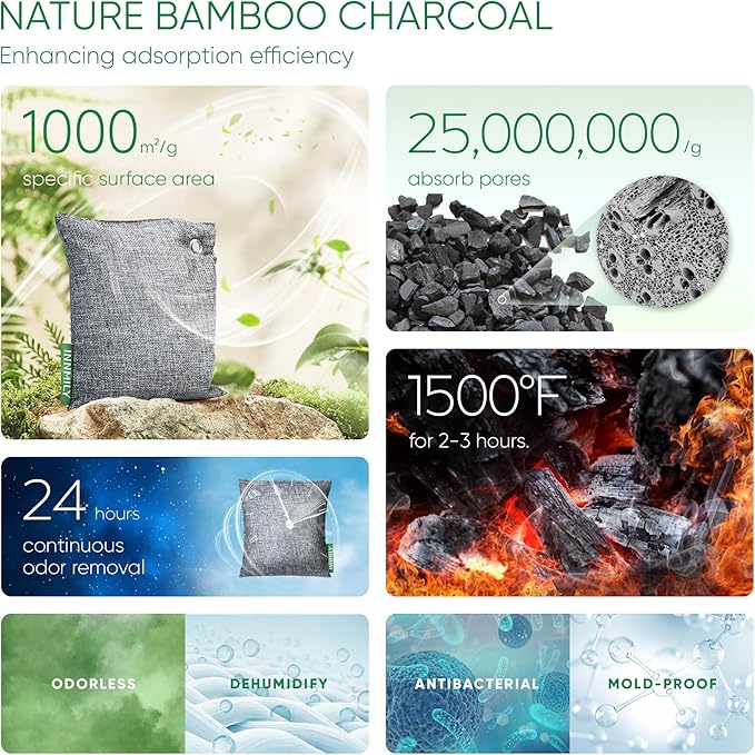 Activated Charcoal Odor Absorber, Large 12 Pack w Hooks Nature Odor Eliminator - Image 4