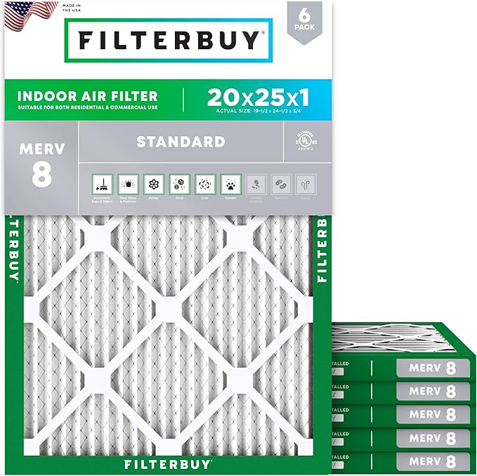 Filterbuy 20x25x1 Air Filter MERV 8 Dust Defense Replacement, Electrostatic by Filterbuy