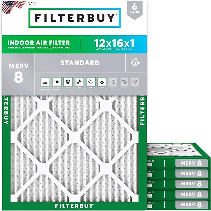 Filterbuy 12x16x1 Air Filter MERV 8 Dust Defense Replacement, Electrostatic by Filterbuy
