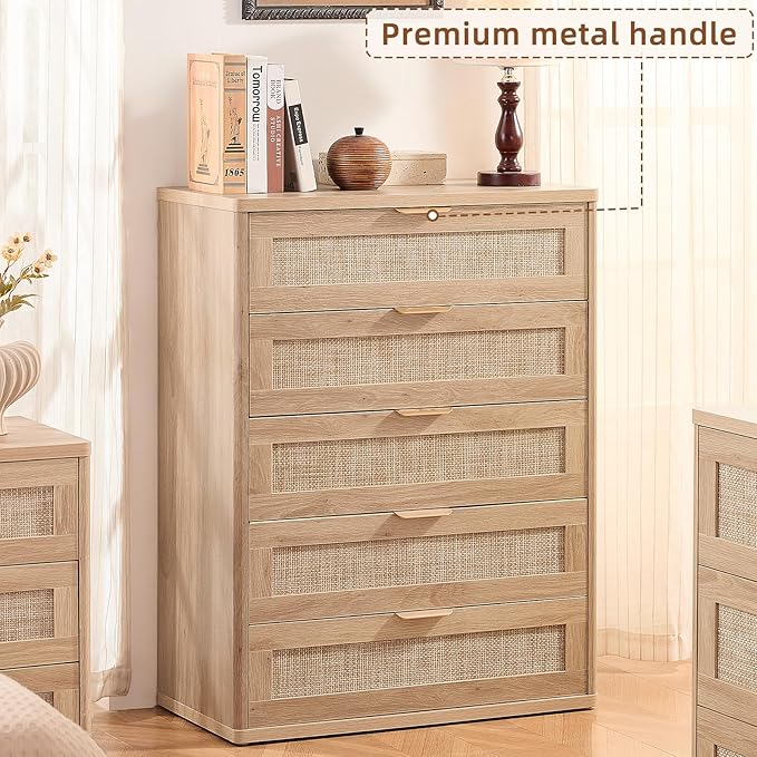 LEYAOYAO Rattan Dresser for Bedroom Set 2, Modern 5 Drawers Boho Dressers - Image 4