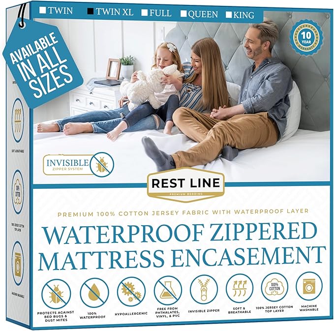 Twin XL Size 39x80” Premium Waterproof Zippered Mattress Encasement, 100% Cotton by RestLine