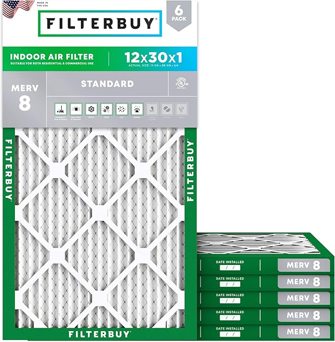 Filterbuy 12x30x1 Air Filter MERV 8 Dust Defense Replacement, Electrostatic by Filterbuy