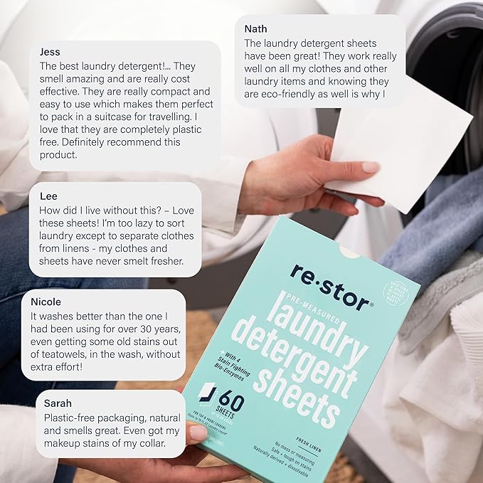 restor Laundry Detergent Sheets Fresh Linen 60 Loads | Eco Friendly Plastic - Image 6