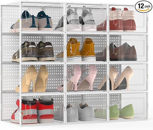 12 Pack XX-Large Modular Clear Plastic Stackable Shoe Storage Organizer by FJFEOIYE