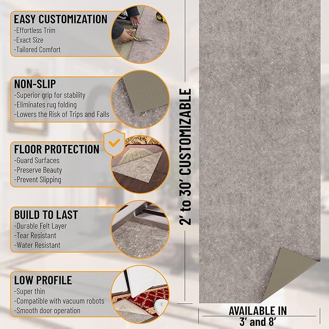 Ottomanson 2' x 8' Non-Slip Rug Pad Gripper 1/4 Inch Thick Dual Surface Felt + - Image 2