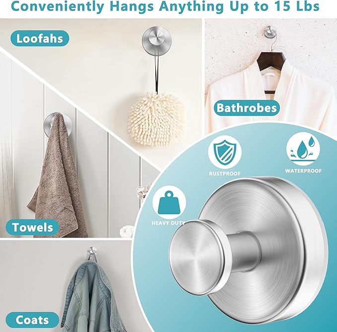 Suction Cup Hooks for Shower, Removable No Drill Towel Hooks, Upgraded 15 lbs - Image 2
