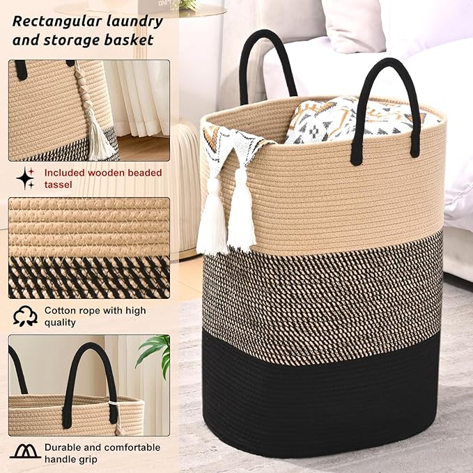 Woven Laundry Basket for Clothes, 50 L Large Rectangle Laundry Hampers - Image 3