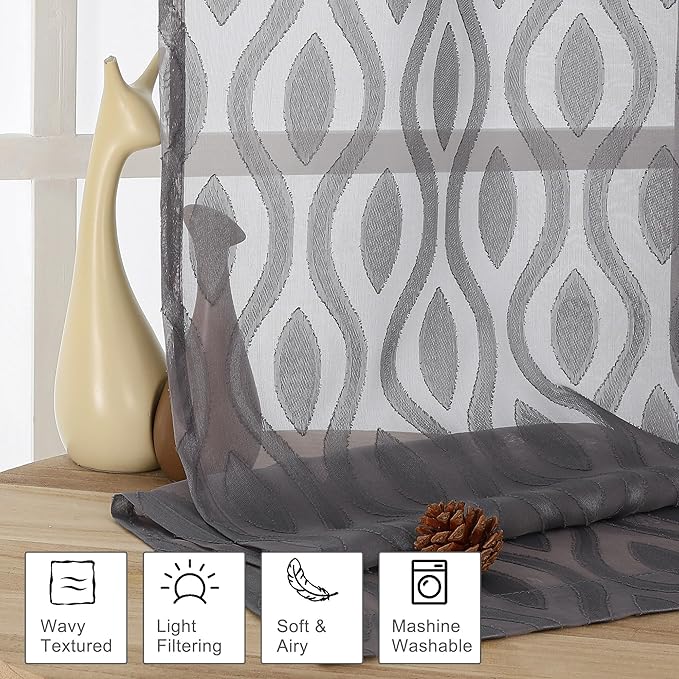 Aiyufeng Grey Valances for Windows, Clip Jacquard Chic Wavy Line Voile Sheer - Image 2