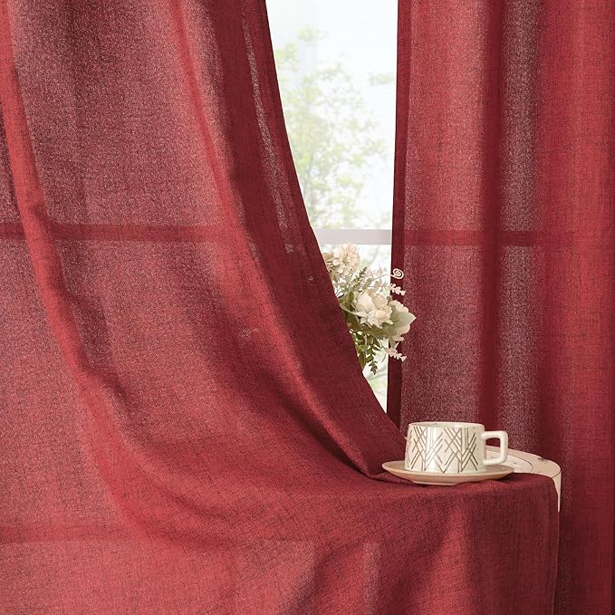 YoungsTex Red Linen Semi Sheer Curtains 78 Inch Length - Image 3