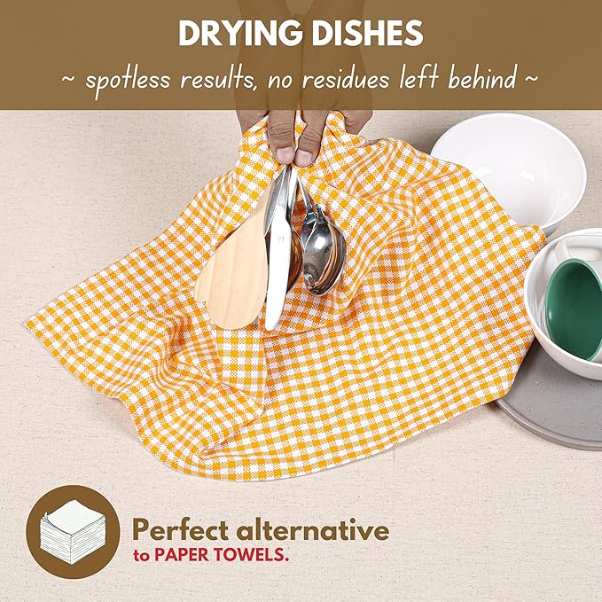 Native Fab 4 Pack Yellow Gingham Cotton Dish Towels 16"x26" - Image 3