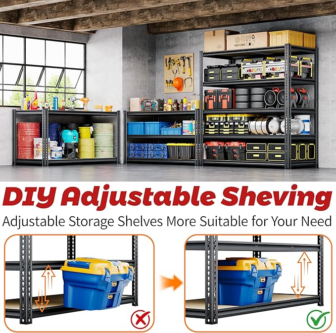 72" H Storage Shelves Heavy Duty, 2200LBS Garage Shelving, 5 Tier Metal - Image 7