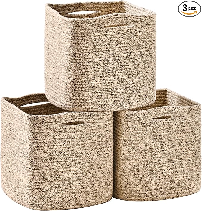 11 Inch Cube Storage Bins, Storage Cube Organizer Bins, Woven Cotton Rope by ICERZCZ